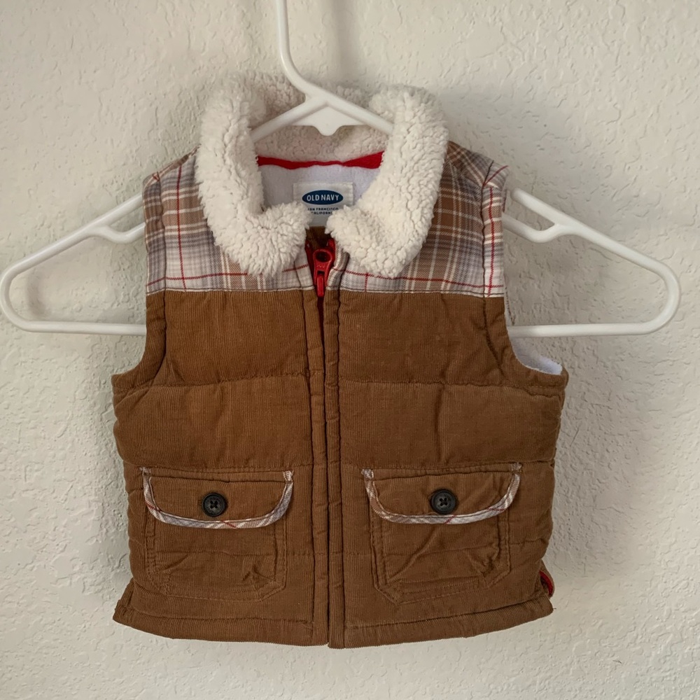 Baby Corduroy & Plaid Puffer Vest with Fur Collar